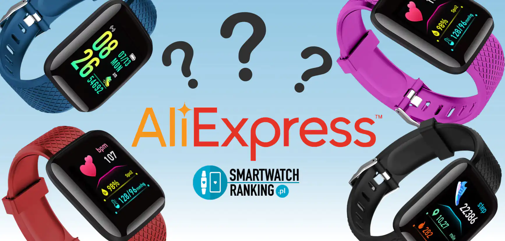 Różne modele smartbandów i zegarków obok logo serwisu e-commerce pokazujące jak wybrać aliexpress zegarek