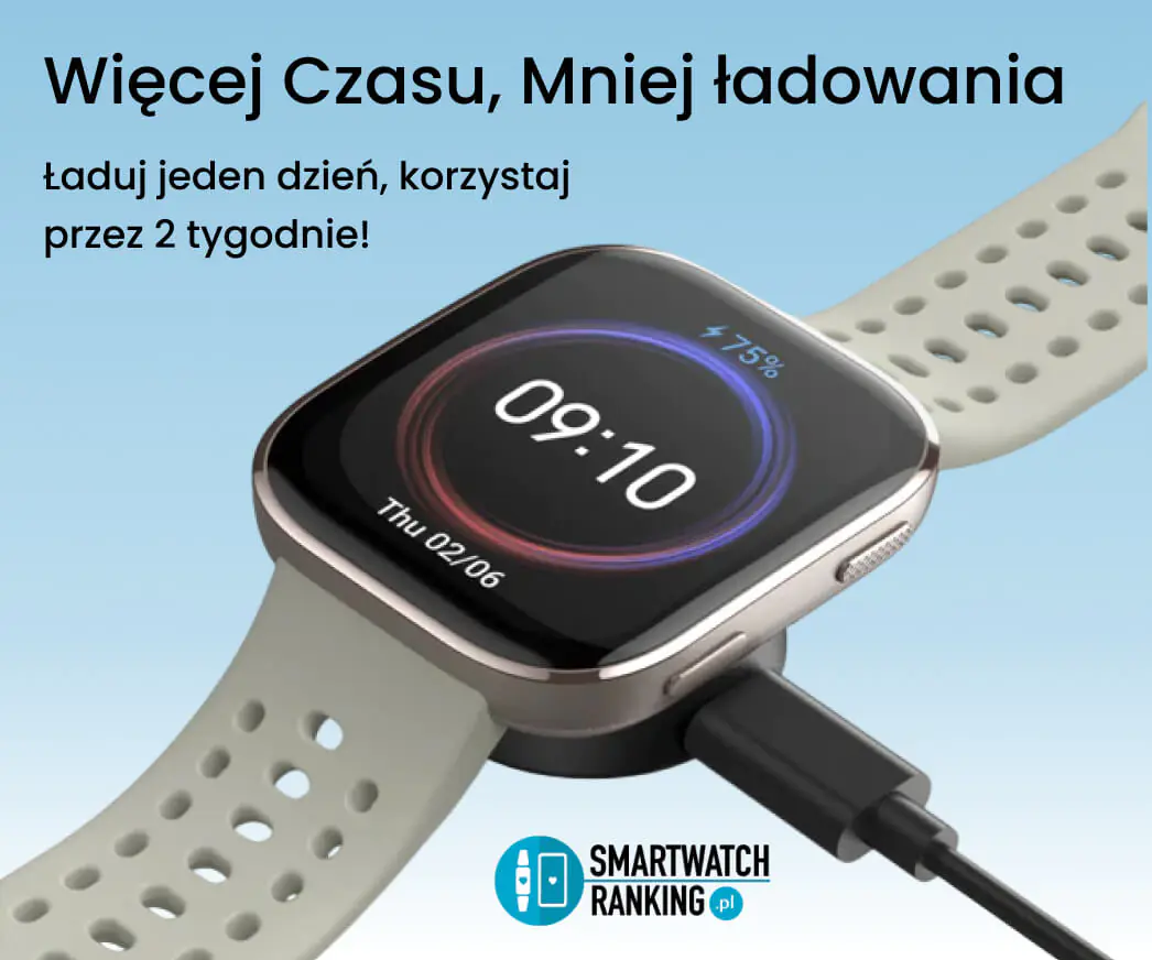 Inteligentny zegarek Amazfit Bip 6 podłączony do ładowarki, z widocznym na ekranie wskaźnikiem ładowania baterii