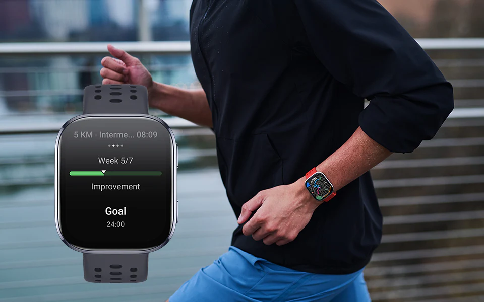 Biegacz w trakcie treningu na świeżym powietrzu, monitorujący swoje parametry za pomocą nowoczesnego urządzenia, jakim jest zegarek smartwatch Amazfit Bip 6
