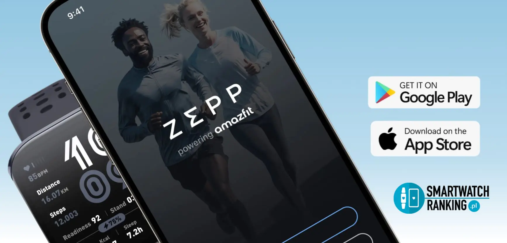 Ekran smartfona oraz inteligentny zegarek wyświetlający interfejs aplikacji Zepp z danymi o aktywności fizycznej i zdrowiu