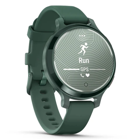 Zielony smartwatch Garmin Lily 2 Active GPS z profilem aktywności biegowej i wyświetlaczem GPS.