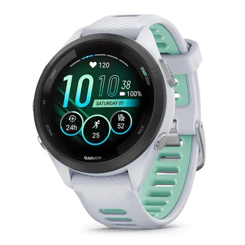 Biały zegarek do biegania Garmin Forerunner 265S z wyświetlaczem AMOLED i funkcją AMOLED.