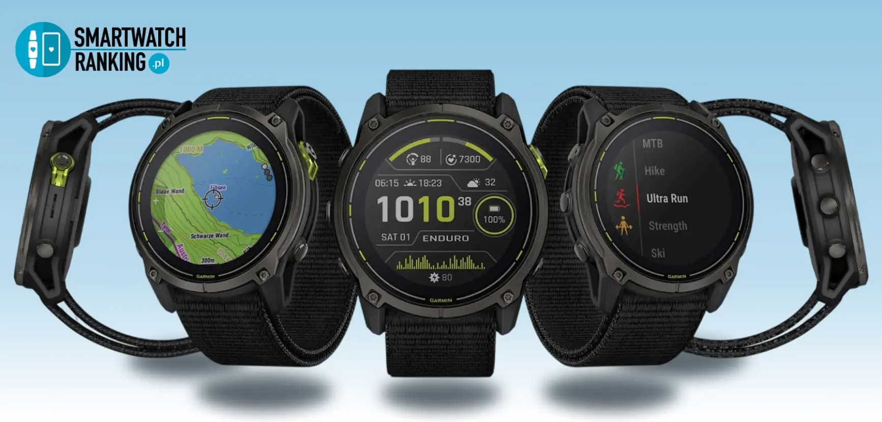 Sportowy zegarek Garmin Enduro 3 z dużym wyświetlaczem, nylonowym paskiem i limonkowymi akcentami na kopercie.