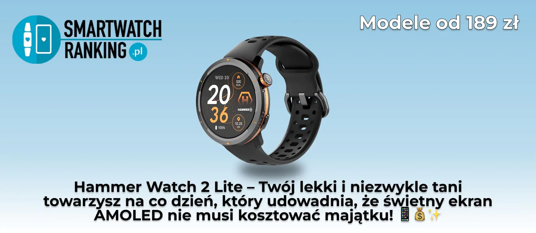 Lekki, czarny zegarek sportowy z jasnym ekranem AMOLED sfotografowany z bliska – poznaj ten stylowy Smartwatch Hammer Watch 2 Lite stworzony z myślą o codziennych wyzwaniach i aktywności fizycznej
