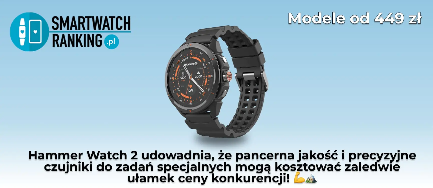 Czarny czasomierz outdoorowy z pomarańczowymi detalami na gładkim, błękitnym tle, ukazujący nowoczesny design urządzenia, którego parametry i funkcje opisują liczne smartwatch hammer watch 2 opinie