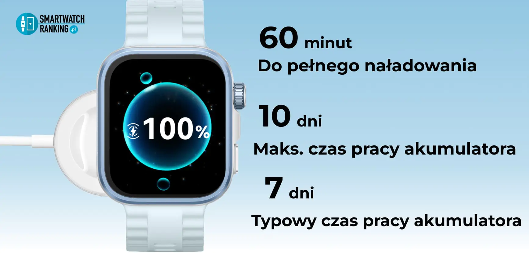 Szybkie ładowanie zapewnia długą pracę na baterii, dzięki czemu zegarek jest zawsze gotowy do działania.