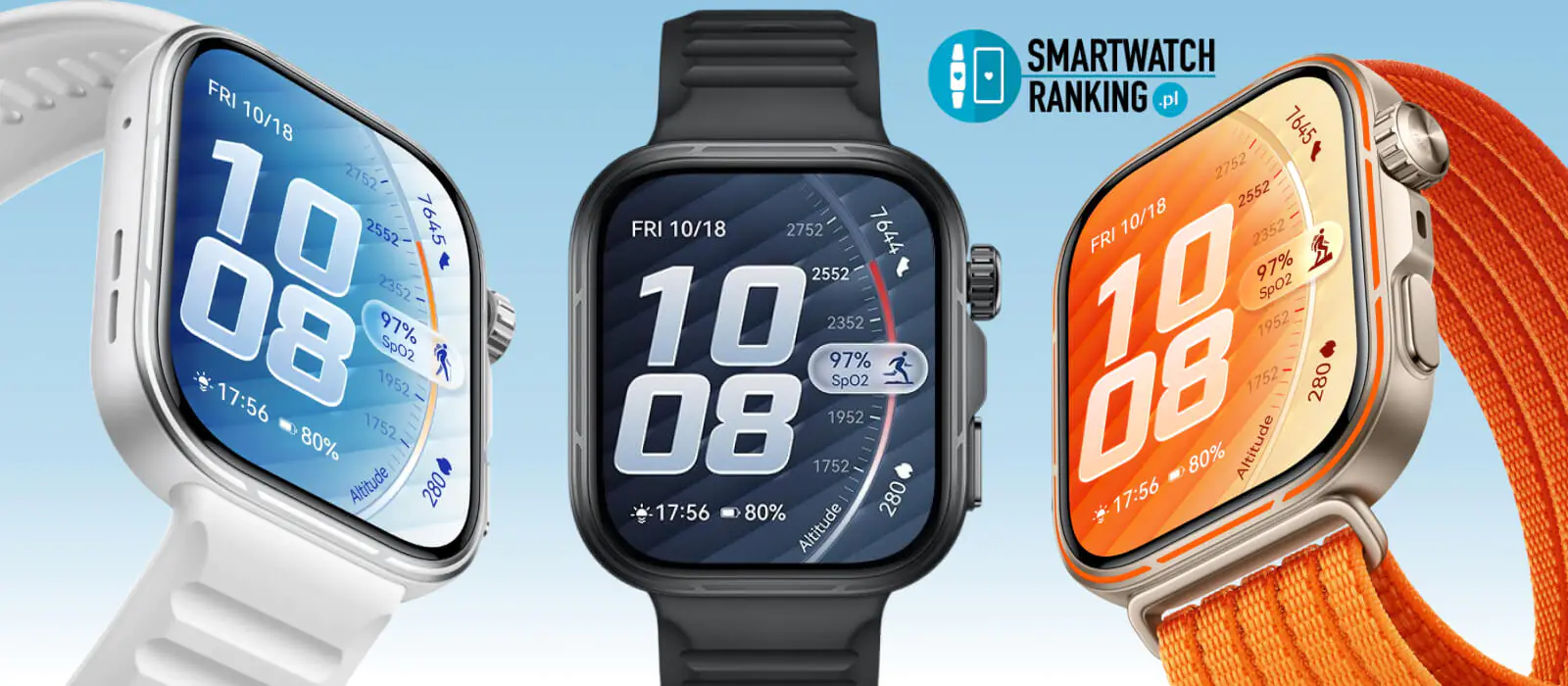 Prezentacja trzech wariantów kolorystycznych gdzie obok wersji białej i pomarańczowej znajduje się smartwatch Huawei Watch Fit 5 Pro czarny