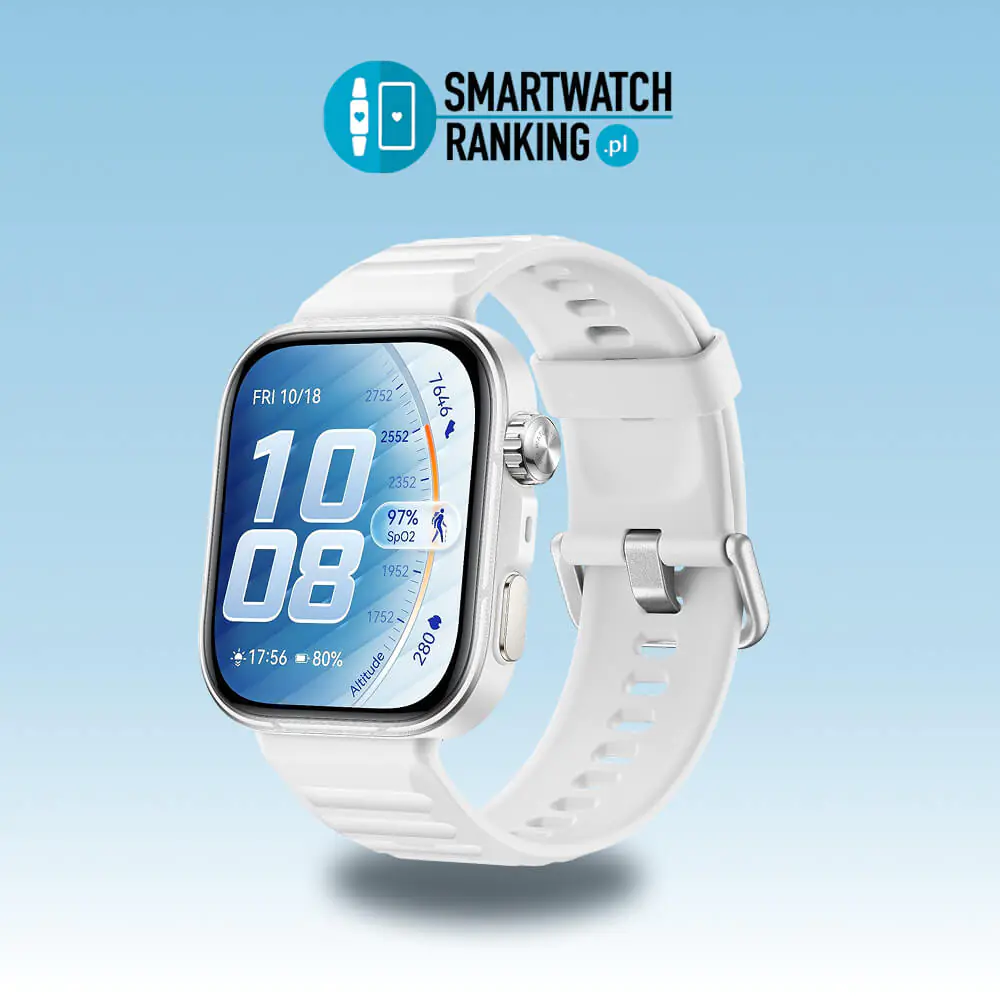 Huawei Watch Fit 5 Pro Recenzja prezentuje inteligentny zegarek na błękitnym tle