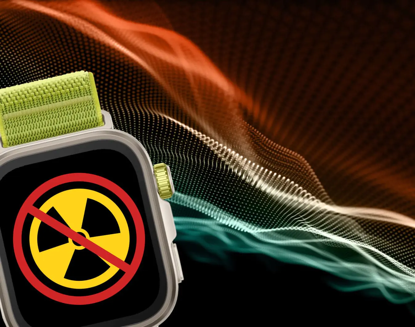 Smartwatch oraz symbole promieniowania elektromagnetycznego wokół urządzenia