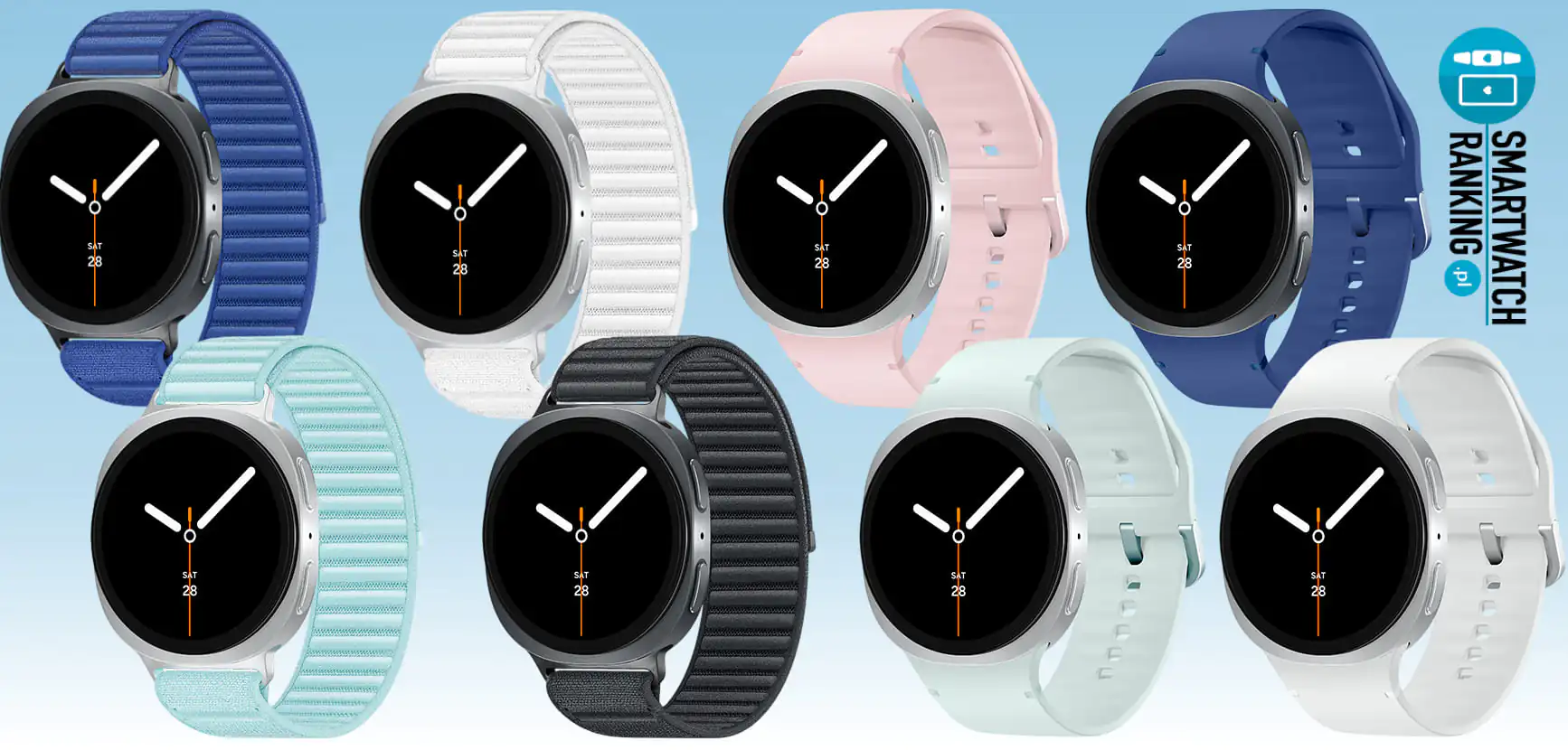 Różne warianty kolorystyczne akcesoriów, prezentujące sportowy pasek do Samsung Galaxy Watch 8
