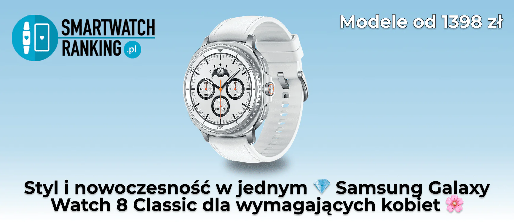 Elegancki Samsung Galaxy Watch 8 Classic z charakterystycznym obrotowym bezelem i premium wykończeniem ze stali nierdzewnej.