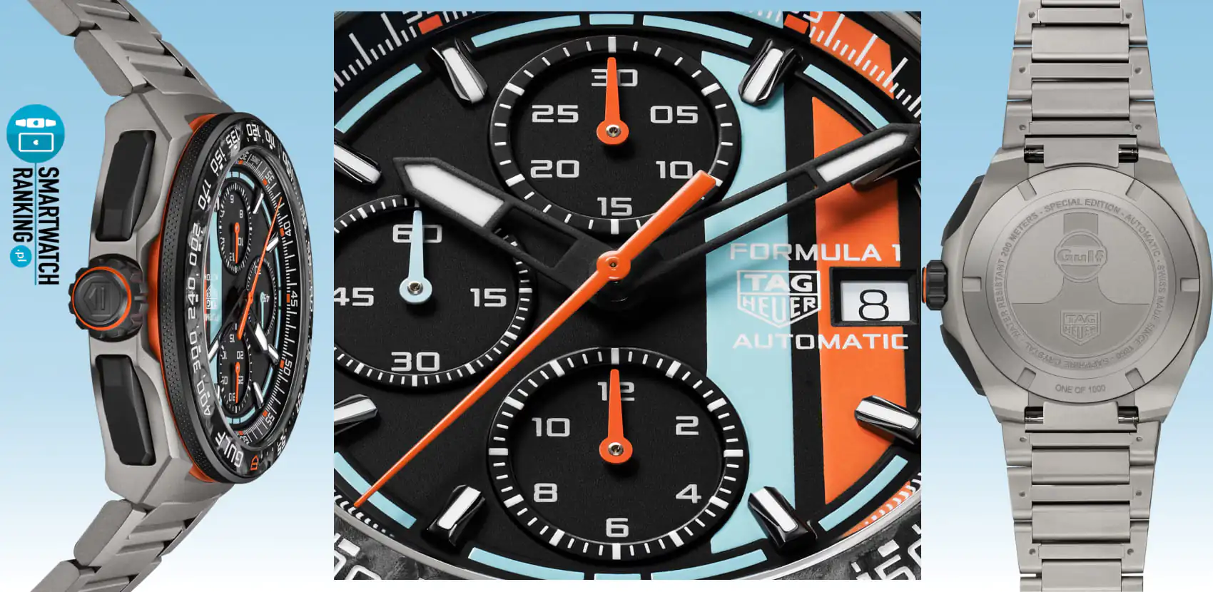 Prezentacja wykończenia tarczy i paska w modelu Tag Heuer Formula 1 Chronograph ujęta pod różnymi kątami