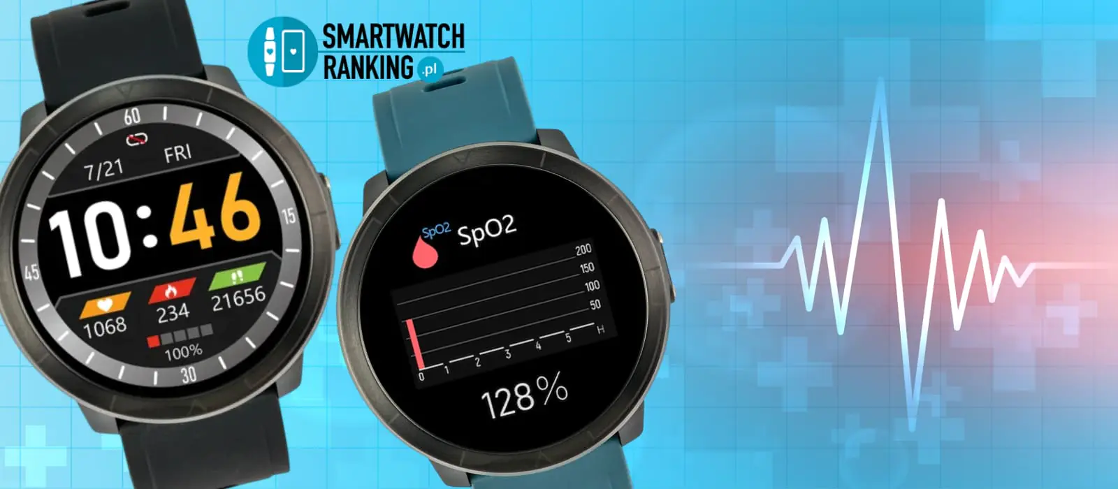 Smartwatch Kardiowatch WM18 Plus, dwa zegarki na tle linii EKG