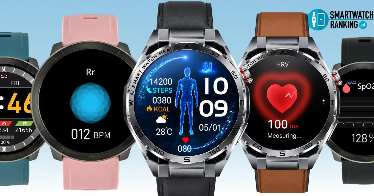 Smartwatch Watchmark z różnymi paskami i kolorami obudowy