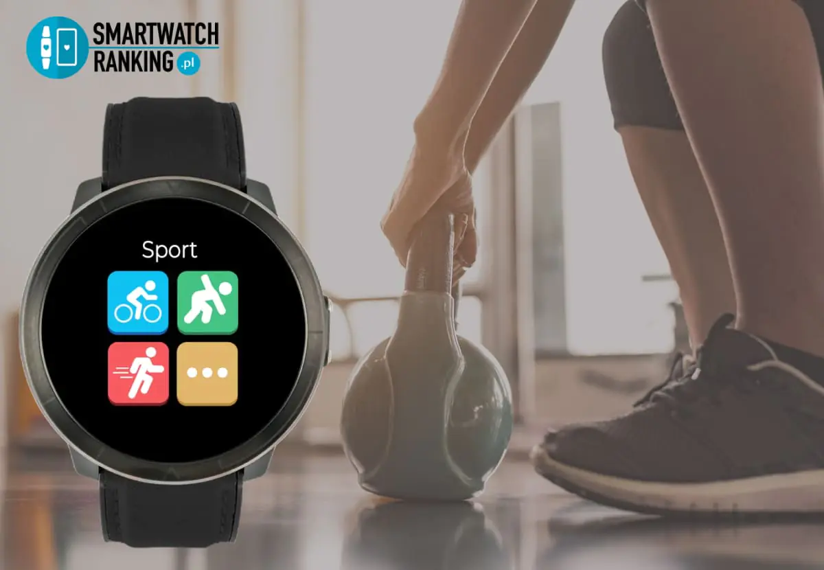 Tryby sportowe i powiadomienia aplikacji na ekranie smartwatcha, w tle siłownia