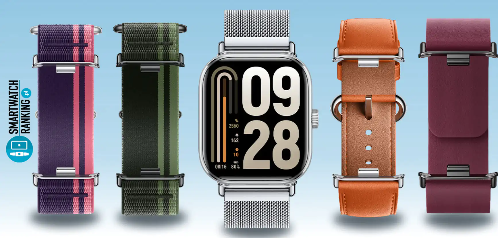 Nowy smartwatch Xiaomi z różnymi paskami i wariantami designu prezentowany na jasnym tle